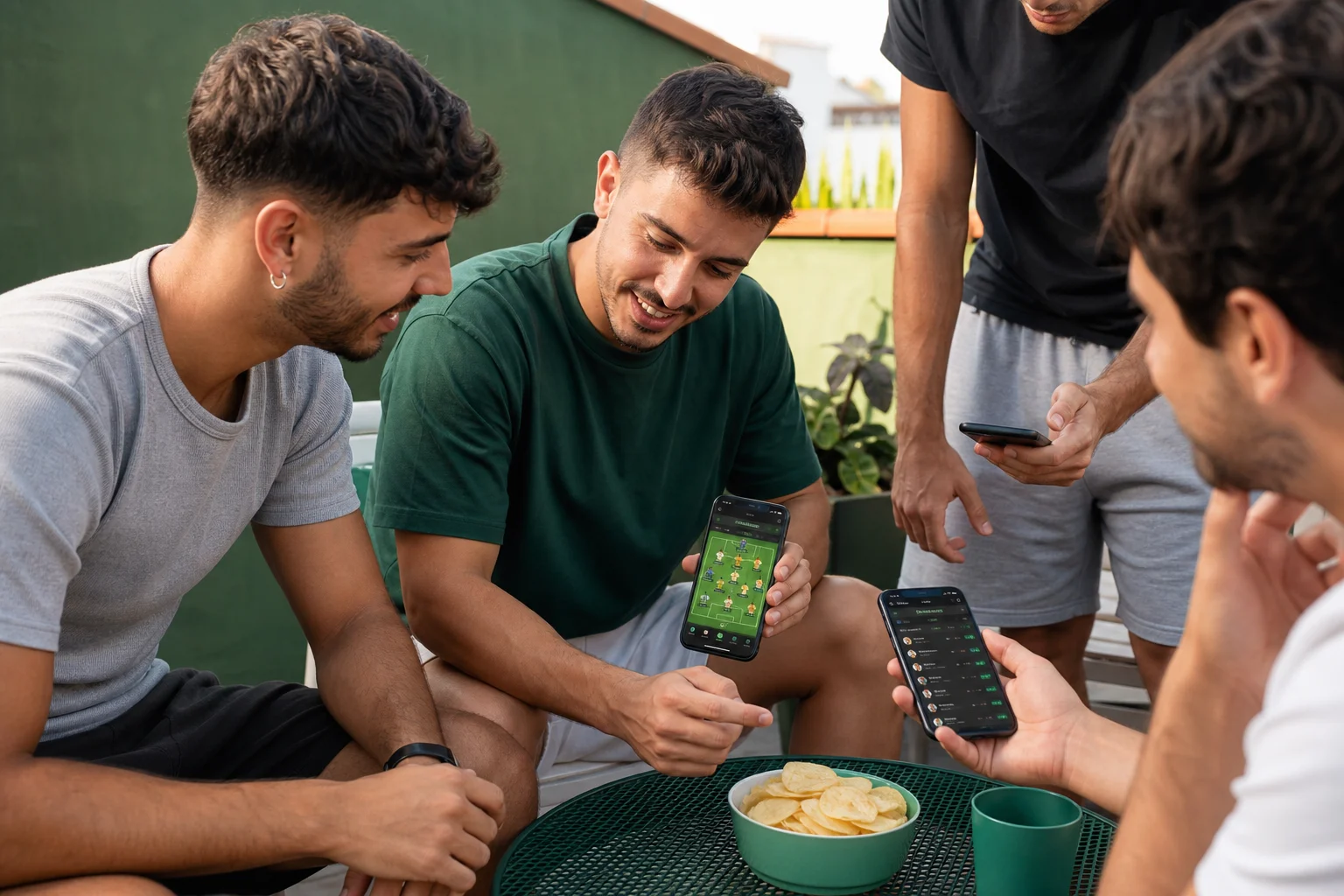 Amigos revisando su fantasy de futbol en el movil