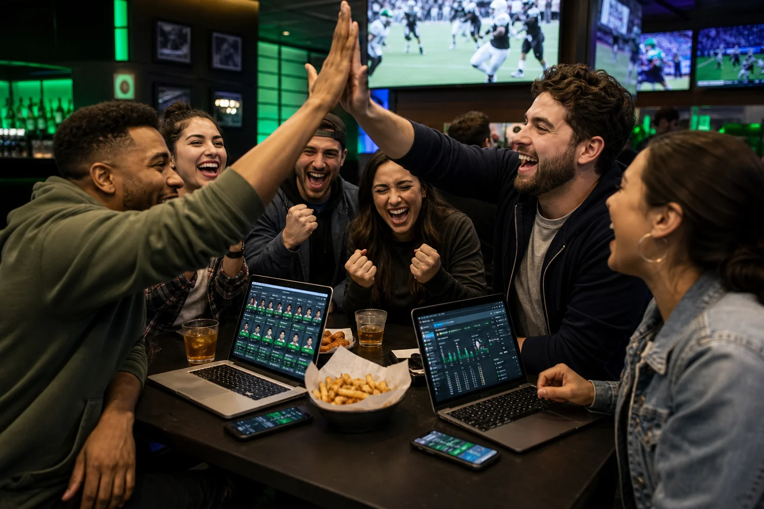 Grupo celebrando resultados de liga fantasy
